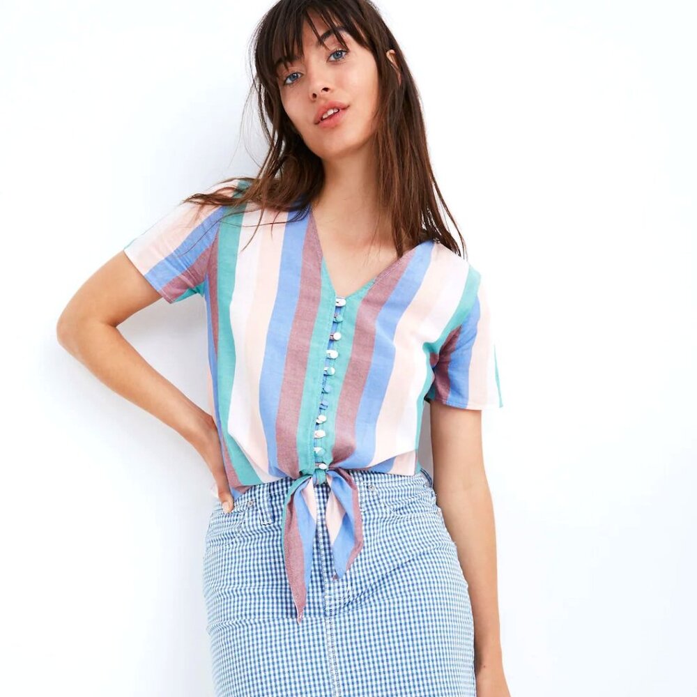 Madewell Novel Tie-Front Button Top Flagstaff Stripe Size S L8426